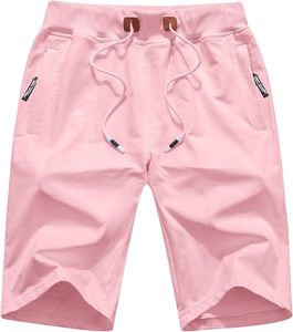 Shorts Bermuda en coton rose pour hommes, avec cordon de serrage à la taille et poches, vêtements d'été décontractés - Product Image 1