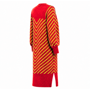 Cárdigan largo abierto para mujer NSPDK Sorority, rojo con rayas doradas, puños acanalados, suéter tipo duster bordado con aberturas laterales - Product Image 4