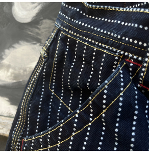 Jean en denim rayé à taille haute et coupe droite pour homme, décontracté, en coton mi-lourd, coupe régulière, bleu et blanc à fines rayures, tissé, automne - Product Image 3