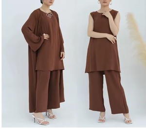 Conjunto de 3 piezas de ropa musulmana modesta para mujer: Abaya abierta, cárdigan, túnica larga y pantalones de pierna ancha. Ropa islámica. - Product Image 2