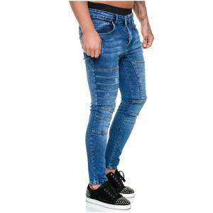 Jean moto taille haute délavé pour homme avec rivets et braguette boutonnée en denim de coton mi-lourd style automne - Product Image 2