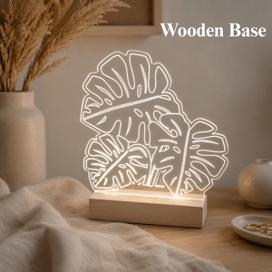 Modern Acrylic LED Lamp with Tropical <b>Leaf</b> Design | Warm Ambient Night <b>Light</b> with Wooden Base for Bedroom Bedside Table and Home - Product Image 3
