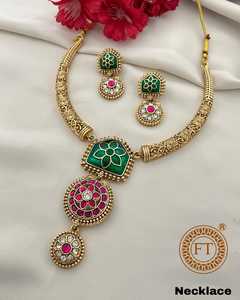 Indian Bridal Meenakari Brass <b>Necklace</b> Set | Antique Gold Plated Pink <b>Ruby</b> Stone Fine Jewelry with Earrings for Party Occasions - Product Image 3