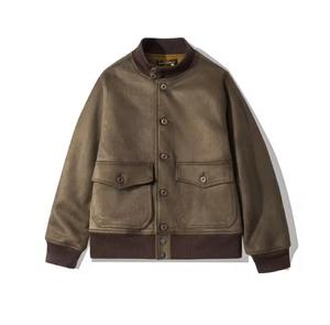 Unisex PU Leather Waterproof <b>Vintage</b> <b>Bomber</b> <b>Jacket</b> Stand Collar Single Breasted Casual Autumn Regular Fit Solid Color Front - Product Image 3