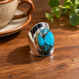 Multi Color Blue Copper Turquoise Gemstone <b>Ring</b> for <b>Men</b> 925 Sterling <b>Silver</b> Yellow & Rose Gold Plated Handmade Statement Jewelry - Product Image 6