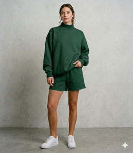 Relaxed Women <b>Mock</b> <b>Neck</b> <b>Top</b> And Shorts Set Minimal Mood Casual Clothing Wear Modern Style - Product Image 1