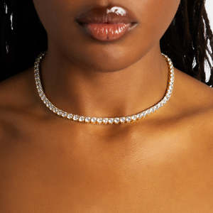 925 Sterling <b>Silver</b> Round Cut Moissanite Tennis Necklace 14K Yellow Gold Plated Luxury Diamond <b>Choker</b> for Women - Product Image 5