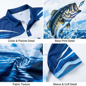Men's Fishing Polo <b>Shirt</b> Sublimation Print Quick Dry UPF 50 <b>Sun</b> Protection Blue White Bass Design Outdoor Wear - Product Image 6