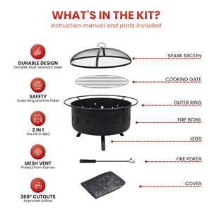 Large Decorative Outdoor <b>Fire</b> <b>Pit</b> Bronze Wood Burning Round Firepit Moon Star Cutout with Spark Guard FP011 - Product Image 3