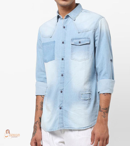 Chemise en jean bleu clair pour homme, manches longues, effet délavé, coton, coupe décontractée, col rabattu, avec poches, style été - Product Image 1