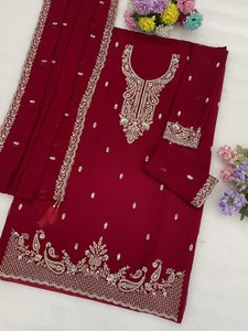Ensemble en rayonne brodé bordeaux pour femme avec dupatta, tenue traditionnelle indienne et pakistanaise, longueur ras du sol, coupe classique - Product Image 3