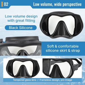 Masque de plongée Aropec sans cadre à lentille unique, léger, en silicone, verre trempé de 4,0 mm, sangle élastique réglable confortable - Product Image 3