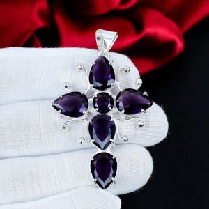 Amethyst Gemstone Cross <b>Pendant</b> 925 Sterling Silver Handmade Statement Jewelry Purple <b>Crystal</b> <b>Pendant</b> Gift for Her - Product Image 2