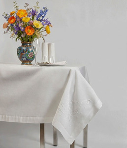 Wholesale Customized Modern Cotton Embroidered Pretty White Flower & Ribbon Durable Full Sizes Washable Tablecloth - Product Image 1