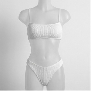 <b>White</b> Knitted <b>Bikini</b> <b>Set</b> Bandeau Top With Ribbed Texture Hipster Bottoms Women's Swimwear Two Piece Stretch Fabric - Product Image 1