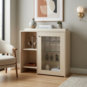 Meuble Bar Moderne en Bois de Chêne Naturel avec Portes en Verre Cannelé, Étagères Ouvertes, Console de Rangement, Buffet pour Salon, Meuble de Maison - Product Image 2