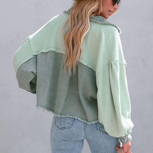 Green <b>Denim</b> <b>Jacket</b> Women Turn-Down Collar Regular Sleeve <b>Cropped</b> Utility Style Eco-Friendly Garment Dyed Fabric Spring Casual - Product Image 2