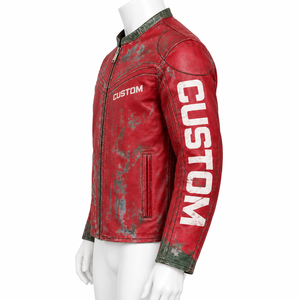Blouson Bomber Homme en Cuir PU Rouge Personnalisé Coupe Slim Col Montant Fermeture Éclair Devant Effet Délavé Manches Classiques Vêtement Hiver - Product Image 4