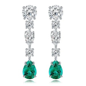Luxury Women's Drop <b>Earrings</b> With PEAR Cut <b>Diamonds</b> And Teardrop Emeralds Claw Setting Wedding Jewelry - Product Image 2