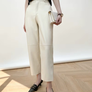 Pantalon en cuir véritable blanc pour femme, pantalon large taille haute en peau de mouton, polyvalent, décontracté, coupe droite, tendance, végétalien - Product Image 4