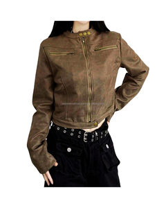 Zipper Closure Motorcycle <b>Jacket</b> with Regular Sleeves Polyester Zipper <b>Jacket</b> Thick V-neck Genuine Zipper Leather <b>Jacket</b> - Product Image 2