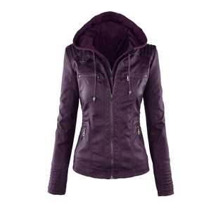 Veste à capuche en cuir PU violet pour femme, style motard, fermeture éclair, coupe-vent, manches longues - Product Image 1