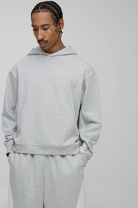 Trendy Men Gray Cotton Fleece Hoodie <b>Set</b> Solid Color Casual Autumn Wear <b>Knitted</b> Sweatshirt and Shorts Matching Outfit Oversized - Product Image 2