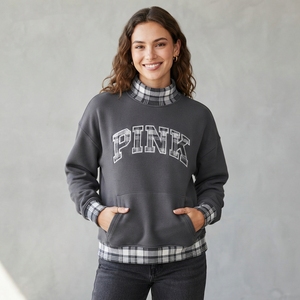Sudadera de corte regular con cuello simulado y bolsillos tipo canguro, top de moda con paneles a cuadros en contraste para otoño - Product Image 1