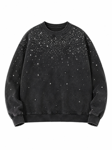 Oversized Rhinestone <b>Pullover</b> Sweatshirt Crew Neck Black Glitter Print Unisex Knitted Autumn Style Made with Eco-Friendly Cotton - Product Image 1