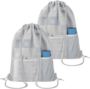 Wholesale Custom Logo Mesh <b>Drawstring</b> <b>Backpack</b> With Zipper Pocket And Bottle Pocket Breathable Gym Swim Beach Bag For Men Women - Product Image 1