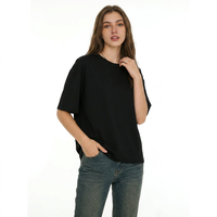 Camiseta Negra Lisa de Cuello Redondo para Mujer, Talla Grande, Manga Regular, Tejido Jersey, Estilo Casual, Ecológica