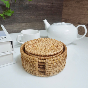 Handwoven Gold Plated Mirror Finish Rattan Coaster <b>Round</b> Natural Radiating Weave Pattern Eco Friendly <b>Table</b> Mat for Home Decor - Product Image 2