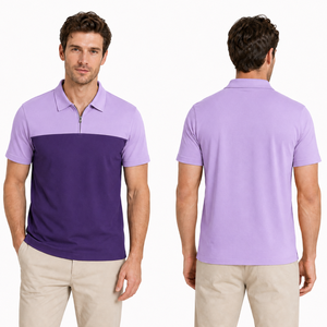 Polo de manga corta para hombre de alta calidad con bloques de color, cierre de cremallera de un cuarto, informal, en morado y lavanda. - Product Image 3