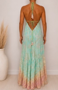 Women's Mint Paisley Print Boho V-neck <b>Elastic</b> <b>Waist</b> Fit Flare Maxi <b>Dress</b> Woven 100% Silk Regular Fit Summer Casual Wear - Product Image 3