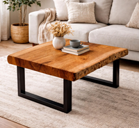 Nouvelle table basse de restaurant en bois massif à bord naturel avec pieds en métal, design pliable pour hôtel et usage extérieur