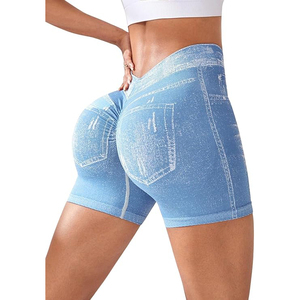 Denim Print Faux Jean Women <b>Booty</b> Shorts High Waisted Activewear Seamless Workout Shorts with Contouring - Product Image 1