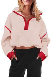 Sudadera con capucha para mujer, oversize, beige, con paneles en contraste, media cremallera, de forro polar, manga larga, estilo casual urbano, corte holgado, estampado personalizado - Product Image 5