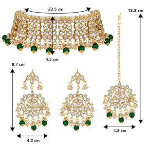 Conjunto de joyería Kundan chapado en oro con cuentas verdes y cristales blancos, diseño floral, collar y aretes étnicos para boda, para mujeres. - Product Image 5