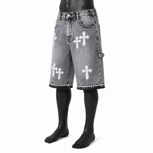 Shorts Vaqueros Cruzados con Pedrería para Hombre, 100% Algodón, Estilo Vintage, Bermuda para Uso Casual de Verano - Product Image 4