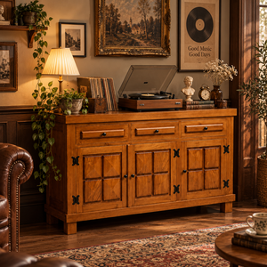 Buffet en bois de style campagnard avec trois tiroirs de rangement et portes décoratives pour les intérieurs rustiques - Product Image 1