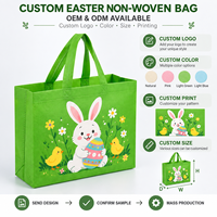 Sacs fourre-tout réutilisables en tissu non tissé écologique, imprimé lapin de Pâques vert lime, œufs colorés et poussins sur prairie, avec logo personnalisé