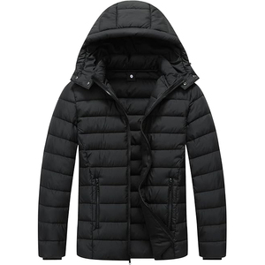 Men's Black Hooded Puffer <b>Jacket</b> Windproof Zipper Closure Polyester Winter Coat Casual Style Regular Fit - Product Image 1