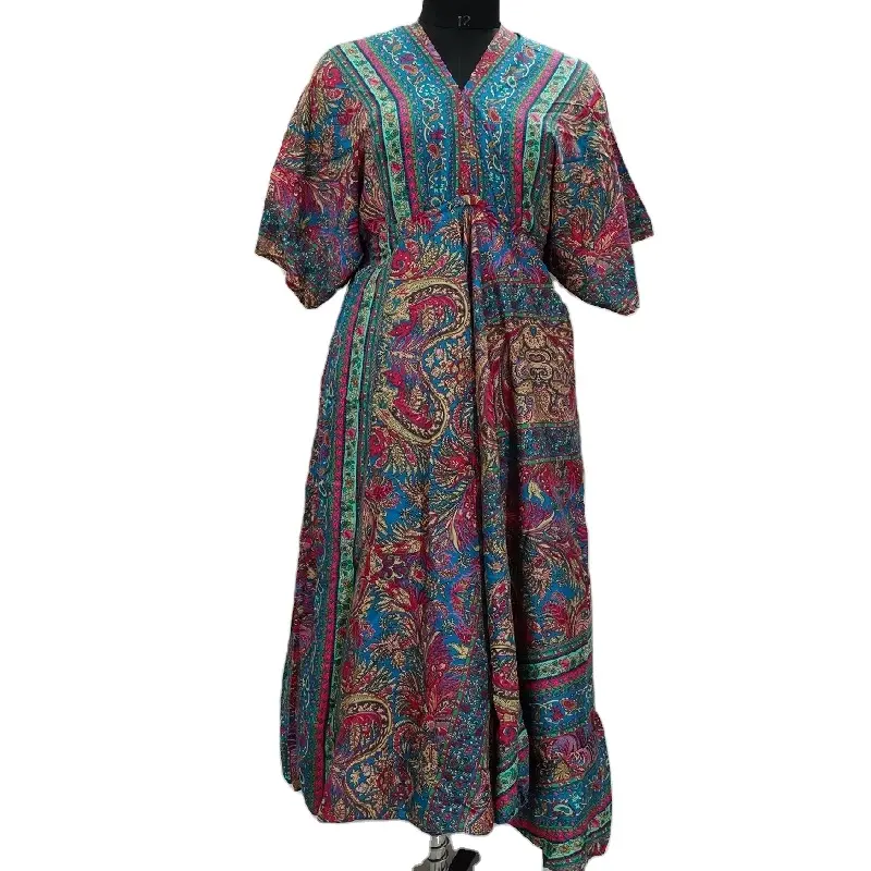 Vestido largo Fallca de diseñador con estampado floral encantador de alta calidad con cuello en V y diseño de mangas de goteo para mujeres y niñas