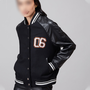Veste universitaire noire pour femme, manches longues, logo brodé 06 sur le devant, manches en cuir PU, coupe classique, vêtements décontractés d'automne - Product Image 1