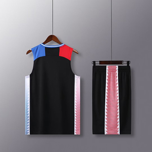 ชุดเสื้อและกางเกงบาสเก็ตบอลแบบซับลิเมชั่นสั่งทำพิเศษ คอวี แขนกุด สีขาว น้ำเงิน แดง บล็อกสี สำหรับผู้ใหญ่ 男女  ซับเหงื่อได้ดี - Product Image 4