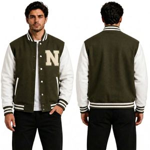 Cream Beige Monochromatic Minimalist Aesthetic Premium Quality <b>Brushed</b> Fleece Letterman Varsity Jackets - Product Image 5
