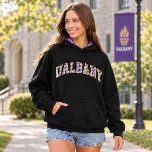 Sweat-shirt à capuche noir pour femme UAlbany, imprimé à carreaux, en polaire, manches longues, style décontracté, style automne - Product Image 2