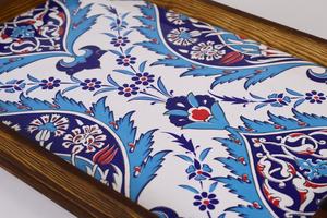 Handmade Moroccan Style Wooden Serving Tray With Enamels Tile Decoration Blue And White Floral Pattern Decorative Platter Sale - Product Image 6
