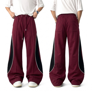 Maroon Black Wide Leg High Quality <b>Men</b> Winter Streetwear <b>Trousers</b> Heavyweight Cotton Elastic Waist <b>Drawstring</b> Sweatpants - Product Image 1