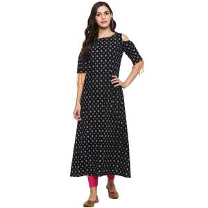 Kurti Negro de Algodón para Mujer, Estampado Geométrico, con Flecos, Corte en A, Mangas con Hombros Descubiertos, Ropa Casual de Verano, Secado Rápido, Reciclado - Product Image 1